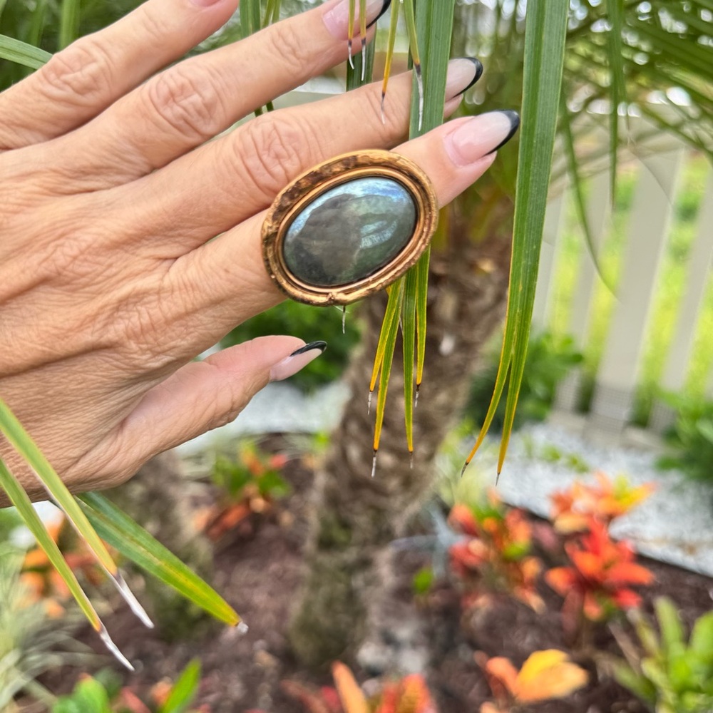 Vintage Gold Tone Oval Pyrite Ring Adjustable Band - Picture 2 of 4
